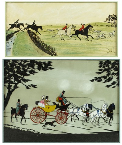 Artist Unknown - Two Reverse Paintings on Glass: 'Coaching Scene' and 'Fox Hunt'- Artist Unknown - Two Reverse Paintings on Glass: 'Coaching Scene' and 'Fox Hunt'-