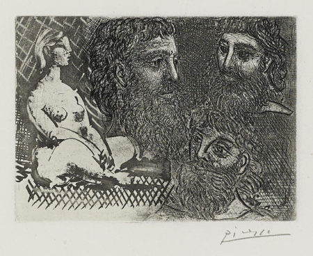 Femme nue assise et trois tetes barbues, pl. 25, from La Suite Vollard-1934 Femme nue assise et trois tetes barbues, pl. 25, from La Suite Vollard-1934