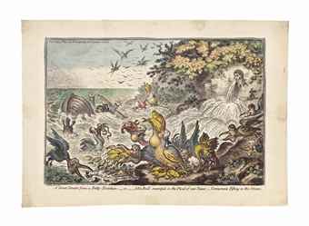 (i) A great Stream from a Petty-Fountain, or John Bull swamped in the flood of new Taxes, Cormorants Fishing in the stream; (ii) Comprising Uncorking Old Sherry; (iii) Harpyes defiling the Feast; (iv) German Luxury, or Repos a l'Allemande; (v) A Witch, upon a Mounts Edge, Vide Fuzelli; (vi) Governor Wall's Ghost!; (vii) The Bear and his Leader; (viii) Malagrida, driving Post; (ix) Venus a la Coquelle, or the Swan-sea Venus; (x) Clearing a five Bar Gate and Hounds-1808 (i) A great Stream from a Petty-Fountain, or John Bull swamped in the flood of new Taxes, Cormorants Fishing in the stream; (ii) Comprising Uncorking Old Sherry; (iii) Harpyes defiling the Feast; (iv) German Luxury, or Repos a l'Allemande; (v) A Witch, upon a Mounts Edge, Vide Fuzelli; (vi) Governor Wall's Ghost!; (vii) The Bear and his Leader; (viii) Malagrida, driving Post; (ix) Venus a la Coquelle, or the Swan-sea Venus; (x) Clearing a five Bar Gate and Hounds-1808