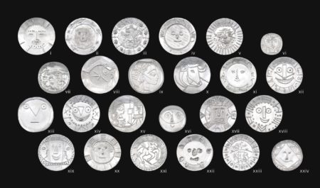 A Complete Set Of Twenty-Four Silver Plates ((i) Dormeur; (ii) Visage aux feuilles; (iii) Faune cavalier; (iv) Visage aux mains; (v) Visage tourmente; (vi). Visage de faune; (vii) Joueur de flute et cavaliers; (viii) Poissons; (ix) Profil de Jacqueline; (x) Taureau; (xi) Visage larve; (xii) Visage en forme d'horloge; (xiii) Visage geometrique aux traits; (xiv) Horloge a la langue; (xv) Jacqueline au chevalet; (xvi) Tete au masque; (xvii) Visage dans un carre; (xviii) Tete en forme d'horloge; (xix) Vallauris; (xx) Visage au carton ondule; (xxi) Centaure; (xxii) Visage aux taches (xxiii) Joie de vivre; (xxiv) Visage geometrique)-1967 A Complete Set Of Twenty-Four Silver Plates ((i) Dormeur; (ii) Visage aux feuilles; (iii) Faune cavalier; (iv) Visage aux mains; (v) Visage tourmente; (vi). Visage de faune; (vii) Joueur de flute et cavaliers; (viii) Poissons; (ix) Profil de Jacqueline; (x) Taureau; (xi) Visage larve; (xii) Visage en forme d'horloge; (xiii) Visage geometrique aux traits; (xiv) Horloge a la langue; (xv) Jacqueline au chevalet; (xvi) Tete au masque; (xvii) Visage dans un carre; (xviii) Tete en forme d'horloge; (xix) Vallauris; (xx) Visage au carton ondule; (xxi) Centaure; (xxii) Visage aux taches (xxiii) Joie de vivre; (xxiv) Visage geometrique)-1967