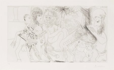 Groupe avec vieillard à la torche sur un âne amoureux femme et arlequin from: Séries 347-1968 Groupe avec vieillard à la torche sur un âne amoureux femme et arlequin from: Séries 347-1968