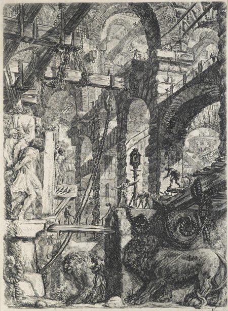 A Perspective of Roman Arches with Two Lions Carved in Relief on Stone Slabs in the Foreground, pl. 5, from Carceri d'invenzione (WE. 30; H. 5; R. 44)-1760 A Perspective of Roman Arches with Two Lions Carved in Relief on Stone Slabs in the Foreground, pl. 5, from Carceri d'invenzione (WE. 30; H. 5; R. 44)-1760