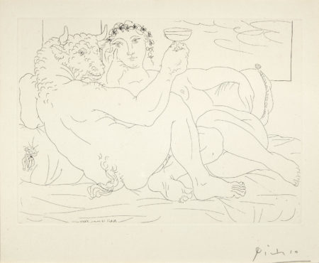 Minotaure, une coupe a la main, et jeune femme, pl. 83, from La Suite Vollard (B. 190; Ba. 349)-1933 Minotaure, une coupe a la main, et jeune femme, pl. 83, from La Suite Vollard (B. 190; Ba. 349)-1933