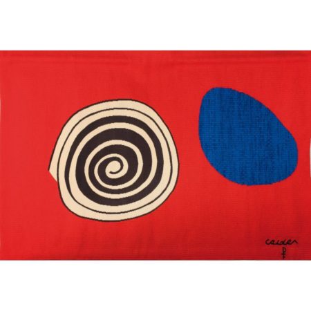 The Bicentennials Tapestries: 'La Tache Bleue'/ The Blue Stain (1975) signed in ballpoint with the artist's monogram on Pinton tapestry label on the reverse, dated and titled, with woven signature, editon number and Pinton tapestry mark hand woven wool tapestry, number 6 from a planned edition of 200, 103x150 cm Manufactured by Atelier Pinton Freres, Aubusson, France. Literature: - Pinton Freres/Jeffrey Metzner, 'The Bicentennial Tapestries. Alexander Calder', sales catalogue 1975, illus. in colour. - 'Calder’s Universe', Jean Lipman, Ruth Wolfe (ed.), Philadelphia 1989, p. 157.-1975 The Bicentennials Tapestries: 'La Tache Bleue'/ The Blue Stain (1975) signed in ballpoint with the artist's monogram on Pinton tapestry label on the reverse, dated and titled, with woven signature, editon number and Pinton tapestry mark hand woven wool tapestry, number 6 from a planned edition of 200, 103x150 cm Manufactured by Atelier Pinton Freres, Aubusson, France. Literature: - Pinton Freres/Jeffrey Metzner, 'The Bicentennial Tapestries. Alexander Calder', sales catalogue 1975, illus. in colour. - 'Calder’s Universe', Jean Lipman, Ruth Wolfe (ed.), Philadelphia 1989, p. 157.-1975