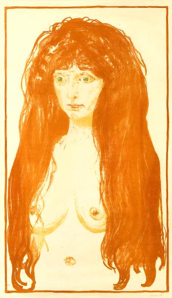 Kvinne med Rodt Har og Gronne Oyne, Synden / Woman with Red Hair and Green Eyes, The Sin / Aktfigur, Die Sunde / Nude figure, Sin / Madchen mit langen roten Haaren, Die Sunde, Weibliche Aktfigur (Sch. 142; W. 198)-1902 Kvinne med Rodt Har og Gronne Oyne, Synden / Woman with Red Hair and Green Eyes, The Sin / Aktfigur, Die Sunde / Nude figure, Sin / Madchen mit langen roten Haaren, Die Sunde, Weibliche Aktfigur (Sch. 142; W. 198)-1902