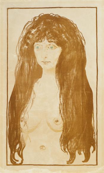 Kvinne med Rodt Har og Gronne Oyne, Synden / Woman with Red Hair and Green Eyes, The Sin / Aktfigur, Die Sunde / Nude figure, Sin / Madchen mit langen roten Haaren, Die Sunde, Weibliche Aktfigur (Sch. 142; W. 198)-1902 Kvinne med Rodt Har og Gronne Oyne, Synden / Woman with Red Hair and Green Eyes, The Sin / Aktfigur, Die Sunde / Nude figure, Sin / Madchen mit langen roten Haaren, Die Sunde, Weibliche Aktfigur (Sch. 142; W. 198)-1902
