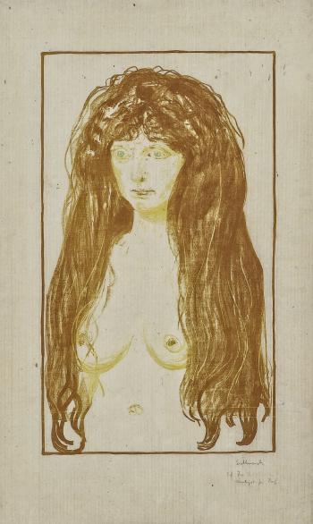 Kvinne med Rodt Har og Gronne Oyne, Synden / Woman with Red Hair and Green Eyes, The Sin / Aktfigur, Die Sunde / Nude figure, Sin / Madchen mit langen roten Haaren, Die Sunde, Weibliche Aktfigur (Sch. 142; W. 198)-1902 Kvinne med Rodt Har og Gronne Oyne, Synden / Woman with Red Hair and Green Eyes, The Sin / Aktfigur, Die Sunde / Nude figure, Sin / Madchen mit langen roten Haaren, Die Sunde, Weibliche Aktfigur (Sch. 142; W. 198)-1902