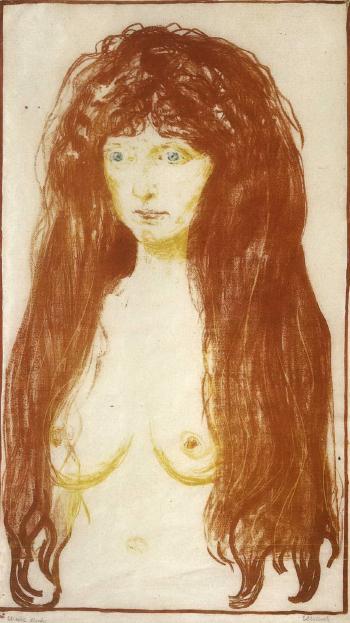 Kvinne med Rodt Har og Gronne Oyne, Synden / Woman with Red Hair and Green Eyes, The Sin / Aktfigur, Die Sunde / Nude figure, Sin / Madchen mit langen roten Haaren, Die Sunde, Weibliche Aktfigur (Sch. 142; W. 198)-1901 Kvinne med Rodt Har og Gronne Oyne, Synden / Woman with Red Hair and Green Eyes, The Sin / Aktfigur, Die Sunde / Nude figure, Sin / Madchen mit langen roten Haaren, Die Sunde, Weibliche Aktfigur (Sch. 142; W. 198)-1901