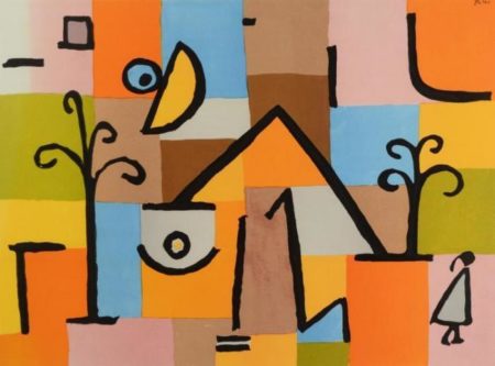 Abstract with Figure, Trees, & House- Abstract with Figure, Trees, & House-