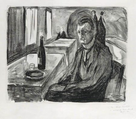 Self-portrait with a Bottle of Wine (Selbstportrait mit Weinflasche / Selbstportrait mit einer Flasche Wein / Selvportrett med vinen (Woll 712))-1930 Self-portrait with a Bottle of Wine (Selbstportrait mit Weinflasche / Selbstportrait mit einer Flasche Wein / Selvportrett med vinen (Woll 712))-1930