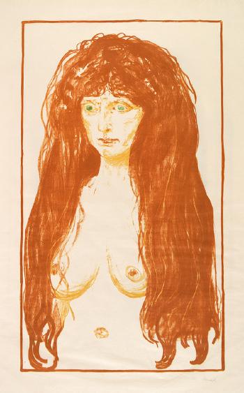 Kvinne med Rodt Har og Gronne Oyne, Synden / Woman with Red Hair and Green Eyes, The Sin / Aktfigur, Die Sunde / Nude figure, Sin / Madchen mit langen roten Haaren, Die Sunde, Weibliche Aktfigur (Sch. 142; W. 198)-1902 Kvinne med Rodt Har og Gronne Oyne, Synden / Woman with Red Hair and Green Eyes, The Sin / Aktfigur, Die Sunde / Nude figure, Sin / Madchen mit langen roten Haaren, Die Sunde, Weibliche Aktfigur (Sch. 142; W. 198)-1902