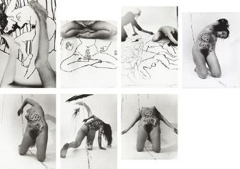 Untitled ((i) Legs with drawing of a nude; (ii) Seated nude with drawing of seated nude; (iii) Artist drawing; (iv) Kneeling nude; (v) Kneeling Nude with painted elephant; (vi) Nude with painted tiger on back; (vii) Female nude, Bending Back)-1975 Untitled ((i) Legs with drawing of a nude; (ii) Seated nude with drawing of seated nude; (iii) Artist drawing; (iv) Kneeling nude; (v) Kneeling Nude with painted elephant; (vi) Nude with painted tiger on back; (vii) Female nude, Bending Back)-1975