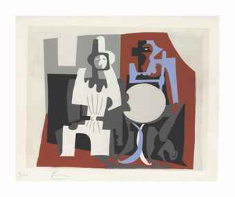 After Pablo Picasso - Pierrot et Arlequin a la Terrasse de Cafe, from Dix Pochoirs-1920 After Pablo Picasso - Pierrot et Arlequin a la Terrasse de Cafe, from Dix Pochoirs-1920