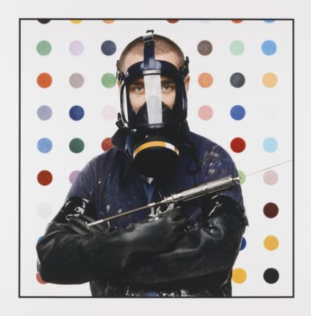 Damien Hirst With Dot Painting Behind, London-2015 Damien Hirst With Dot Painting Behind, London-2015