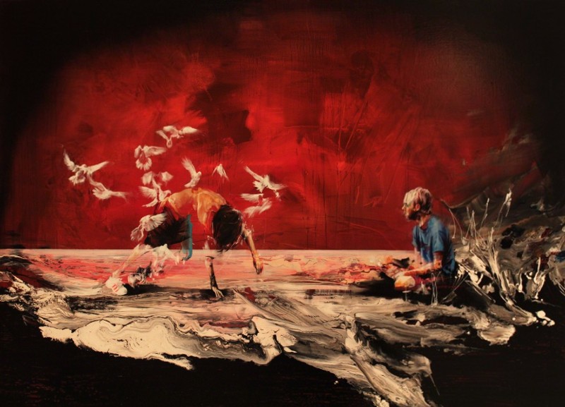 Ian Francis - A Flock Of Birds Either Attack A Girl Or Try To Keep Her From Falling , 2012, mixed media