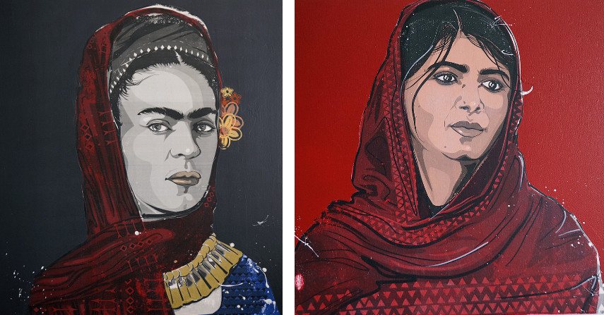 Kestin Cornwall - La Casa Azul - A Portrait of Frida Kahlo, 2016 (left), Regnat Populus - A Portrait of Malala Yousafzai, 2016 (right)