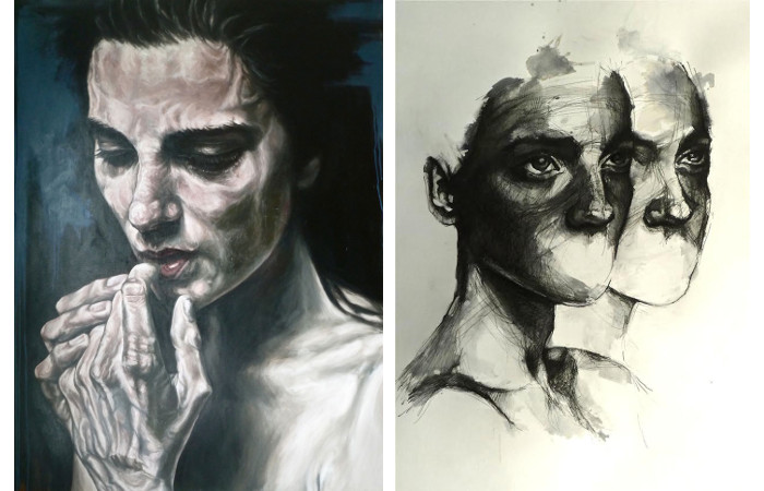 Left Simon Riley - Looking Down, 2013, Right Simon Riley - Untitled 1, 2014
