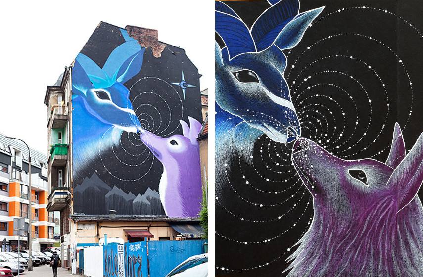 Marina Zumi - Mural done at Festival Muralli Outerspaces Poznan, 2013 (left), Detail (right)