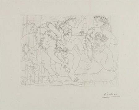 Le repos du sculpteur devant une bacchanale au taureau (Resting Sculptor Before a Bacchanal Bull), plate 56 from La suite Vollard-1933 Le repos du sculpteur devant une bacchanale au taureau (Resting Sculptor Before a Bacchanal Bull), plate 56 from La suite Vollard-1933