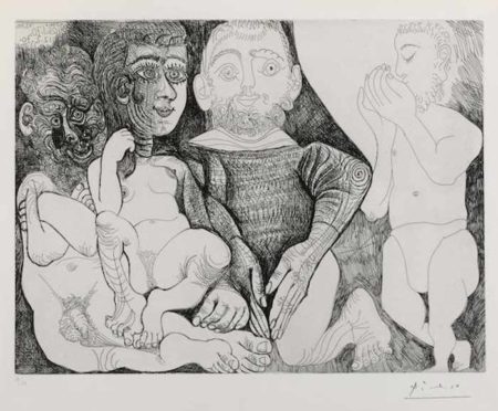 Vieil homme consupiscent et impuissant avec une prostituee espagnole sur les genoux marin se cachant le sexe et jardinier pl. 6 from Series 156-1970 Vieil homme consupiscent et impuissant avec une prostituee espagnole sur les genoux marin se cachant le sexe et jardinier pl. 6 from Series 156-1970
