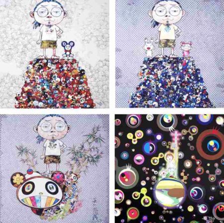 DOB and Me-On the red mound of the dead, Kaikai Kiki and Me-On the blue mound of the dead, I met a panda family, Jellyfish eyes (black)-2009 DOB and Me-On the red mound of the dead, Kaikai Kiki and Me-On the blue mound of the dead, I met a panda family, Jellyfish eyes (black)-2009