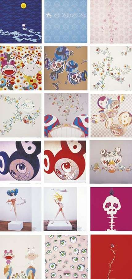 Kamiuchmaki, Genki Ball, Kaikai Kiki News, Doves and Hawks, Moon, Snow, Flower, And then (Red and Blue), Red Rope; Jelly Fish Eyes, Reversal D.N.A., DOB Flower, Parakiti-DOB, Hiropon, My Lonesome Cowboy, Mushroom Bomb Pink, Here Comes Media, 2001.jpg-2001 Kamiuchmaki, Genki Ball, Kaikai Kiki News, Doves and Hawks, Moon, Snow, Flower, And then (Red and Blue), Red Rope; Jelly Fish Eyes, Reversal D.N.A., DOB Flower, Parakiti-DOB, Hiropon, My Lonesome Cowboy, Mushroom Bomb Pink, Here Comes Media, 2001.jpg-2001