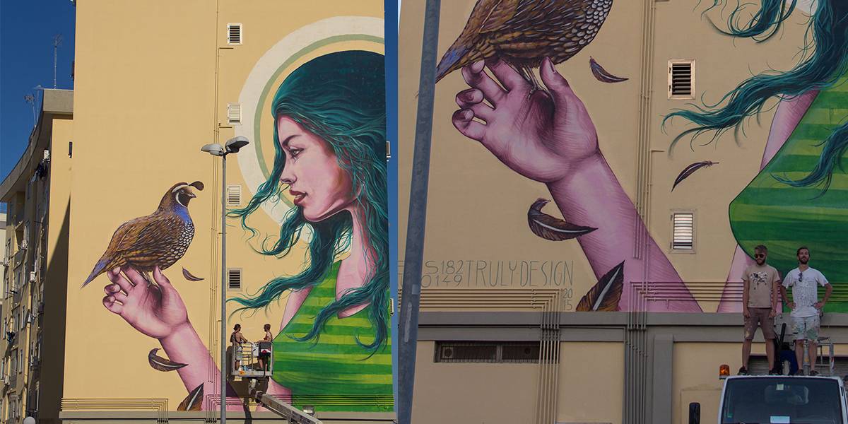 Truly Design, Mauro149 and Rems182 infront of Lucia, Street Art Mazzarona Festival in Syracuse, Italy