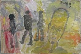 Purvis Young, Three Guitars and a Horn, Painting on Masonite