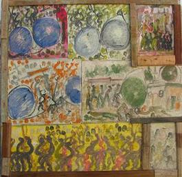 Purvis Young, Seven Scenes with Eye, Painting on Cardboard on Wood
