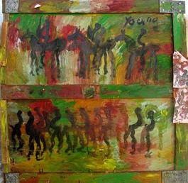 Purvis Young, Horses and People, Diptych Painting on Plywood