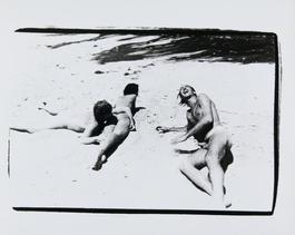 Christopher Makos, Pat Cleveland and Jon Gould on Beach