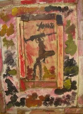 Purvis Young, Painting on Cloth on Board of Pregnant Woman with Syringe