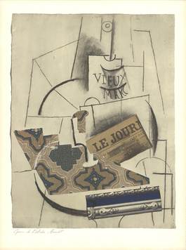 Bottle of Vieux Marc, Glass and Newspaper