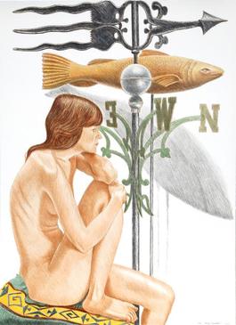 Nude Model with Banner and Fish Weathervanes