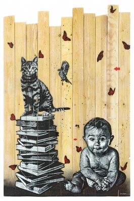 Books, cat, bird and baby
