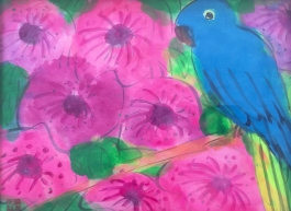 Blue parrot and flowers