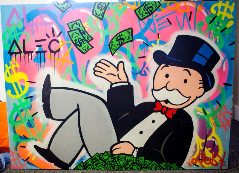 Alec Monopoly - Monops Laying on Money Graffiti Background | Widewalls