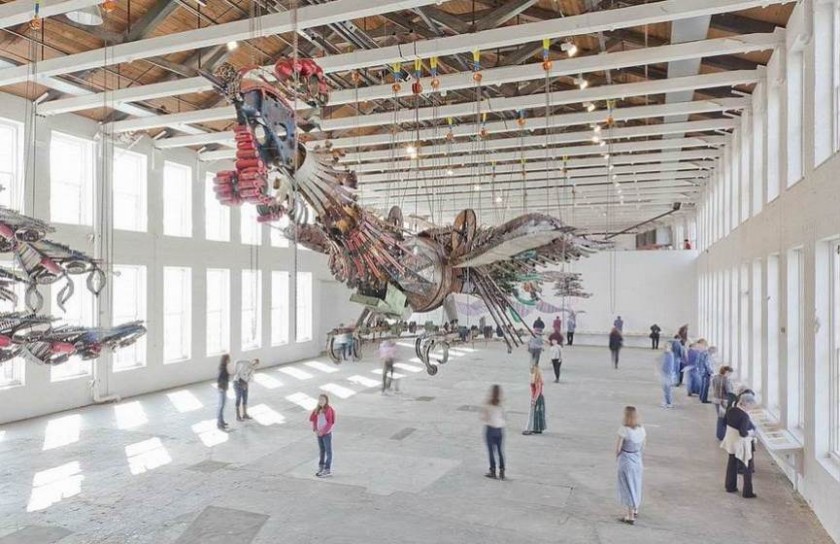 Xu Bing, "Background Story: Landscape Painted on the Double Ninth Festival" (back view), trash and natural debris attached to frosted glass panel, 2013