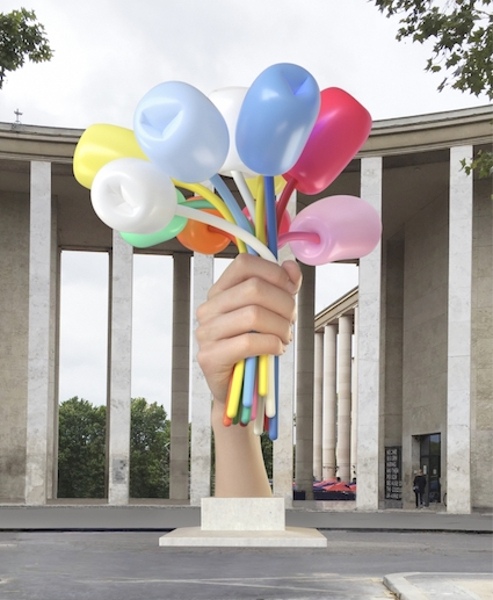 A rendering of Jeff Koons’s Bouquet of Tulips. The work was to be installed in the city of Paris France in 2018 to honor the attacks on people in 2015