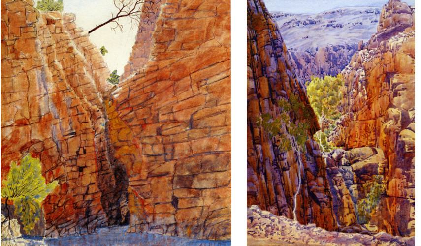 Left: Albert Namatjira - Redbank Gorge Macdonnell Ranges, 1936/ Right: Albert Namatjira - Tailipate Western Macdonnell, 1945