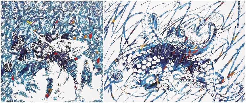 Left: Antoine Gamard - Un Elephant Ivre, 2016 / Right: Antoine Gamard Octopus, 2016