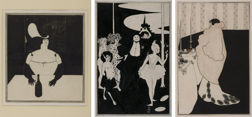 Aubrey Beardsley - The Fat Woman, 1894 (Left) - Design for the Frontispiece to John Davidson's Plays, 1894 (Center) - La Dame aux Camelias, 1894 (Right), images via tateorguk, page, english, new