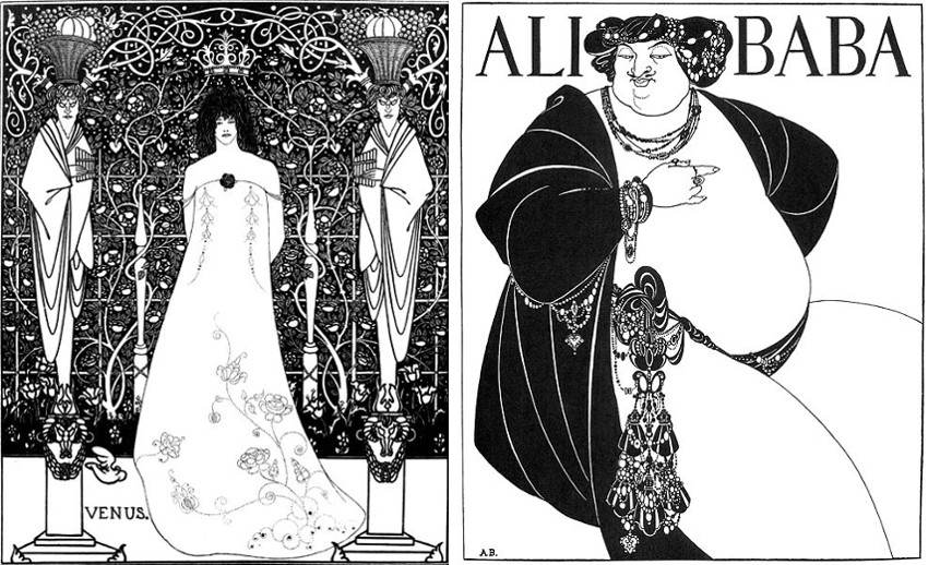 Aubrey Beardsley - Venus between Terminal Gods, 1895 (Left) - The Cover of One Thousand Nights, 1897 (Right), images via wikipediaorg, salome, new, drawings, english, page style century 1893
