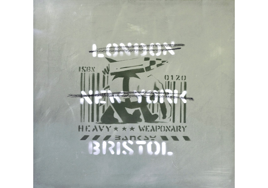 Banksy - London, New York, Bristol (Heavy Weaponry), 2000, spray paint on canvas, stenciled with the artist's signature BANKSY centrally; numbered and dated on verso