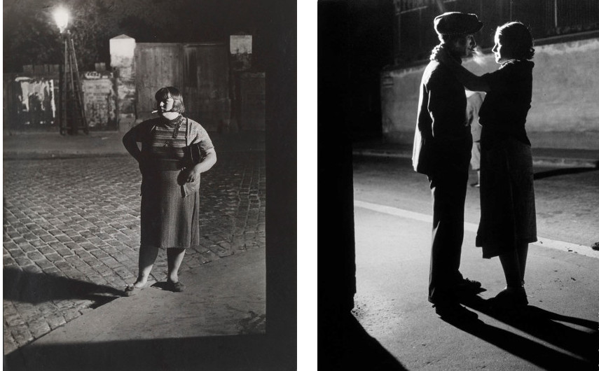 Brassai - Prostitute in the Quartier Italie, 1932 (Left) --- Lovers under a street lamp, 1929 (Right) - Brassaï photographs of the city are pieces of arts both for a photographer and a published book 