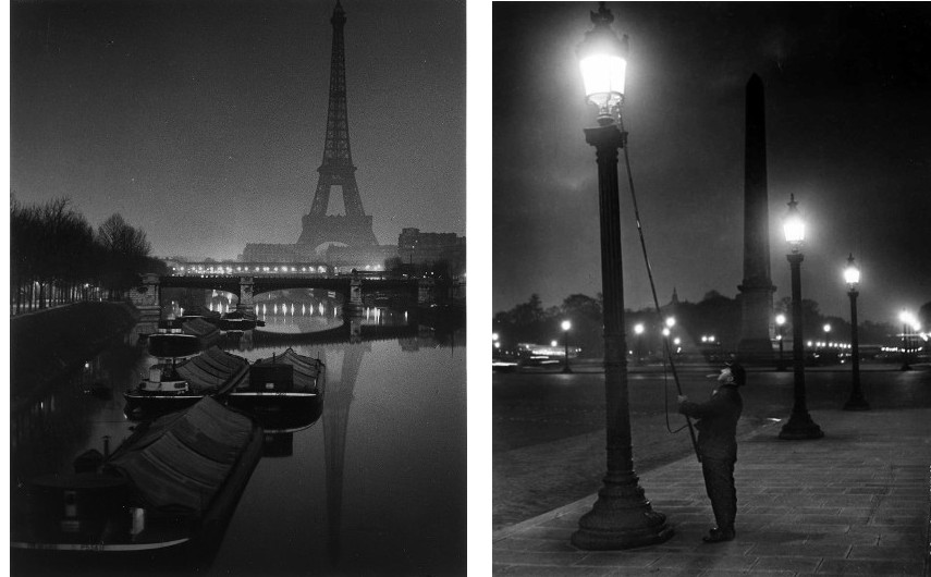 Brassai - The Eiffel Tower at Twilight, 1932 (Left) --- Lamplighter (Right) - Brassaï photographs of the city are pieces of arts both for a photographer and a published book 