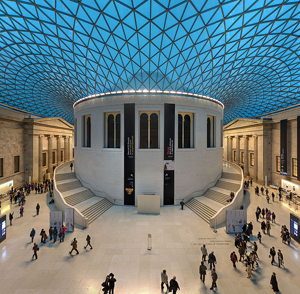 An ultra-wide rectilinear stitched panorama of the Great Court of the British Museum in London, United Kingdom, by David Iliff