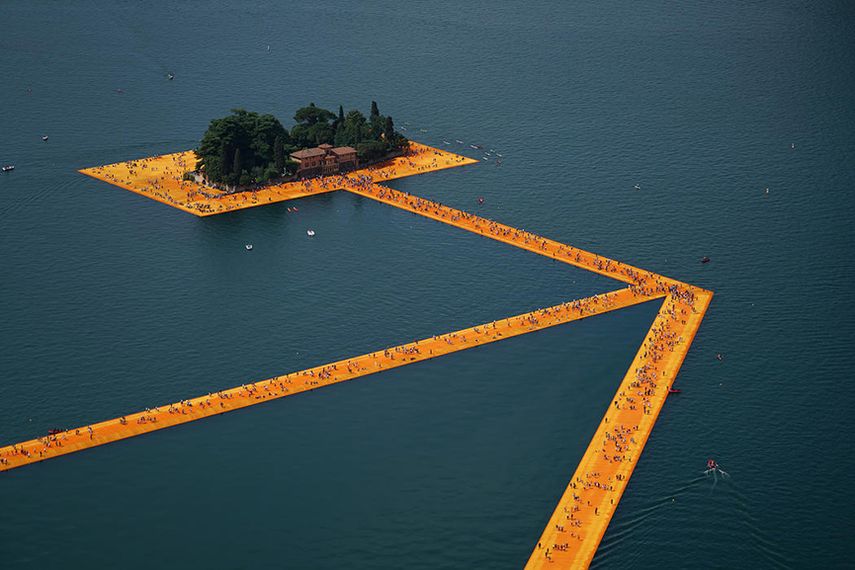 The Floating Piers, Lake Iseo, Italy, 2014-16; one of the latest works on view
