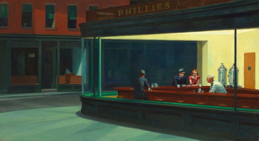 Edward Hopper Nighthawks painting, 1942, New York is in a museum Art Institute of Chicago