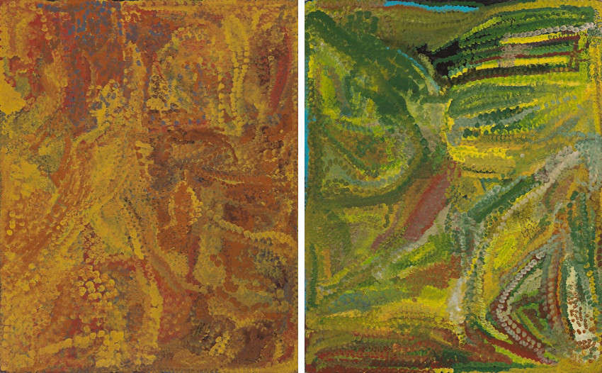 Emily Kame Kngwarreye - Alalgura - My Country, 1992 (Left) - After Rain Summer, 1993 (Right), gallery of australian and aboriginal artist work paintings and works will be shown in the aboriginal utopia exhibition in national museum of sydney